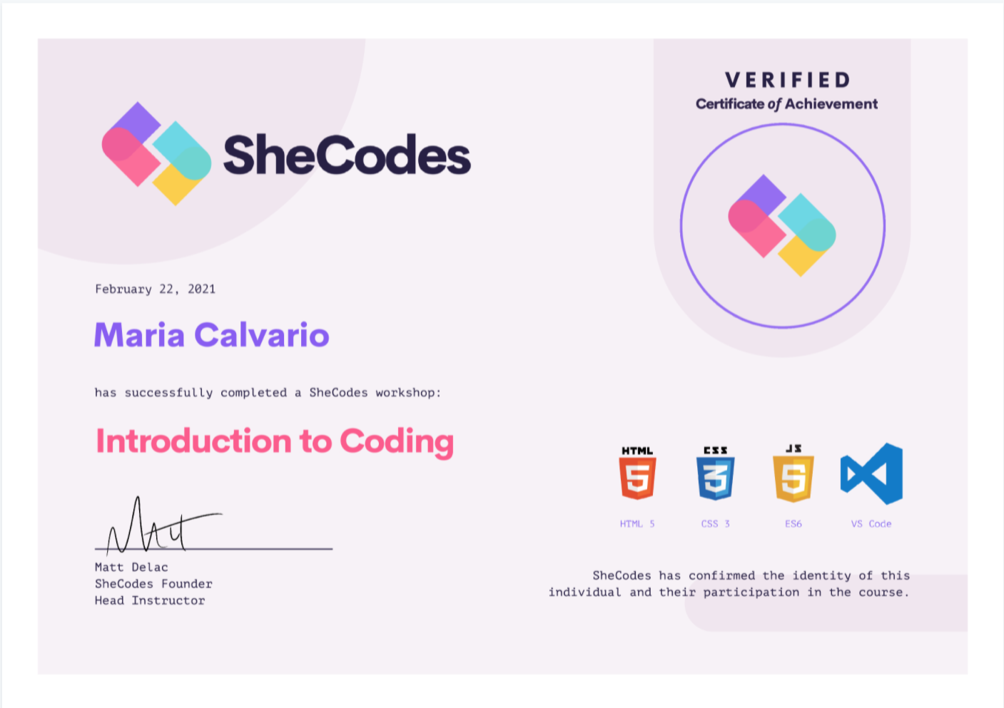 SheCodes Basics Certificate